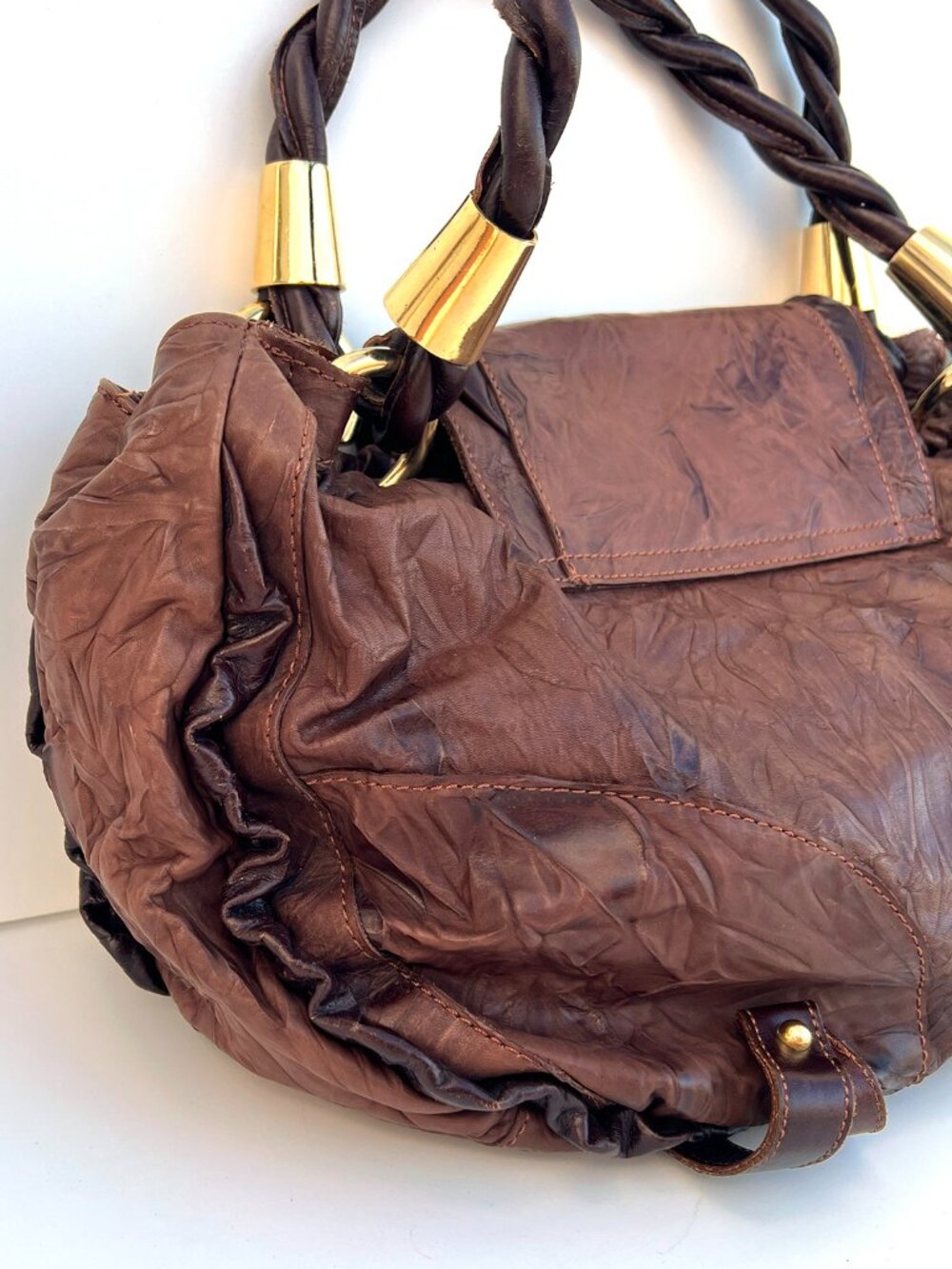 Authentic DOLCE & GABBANA Mainline Brown Crinkled Leather Braided Hobo Bag Y2K - Picture 5 of 13